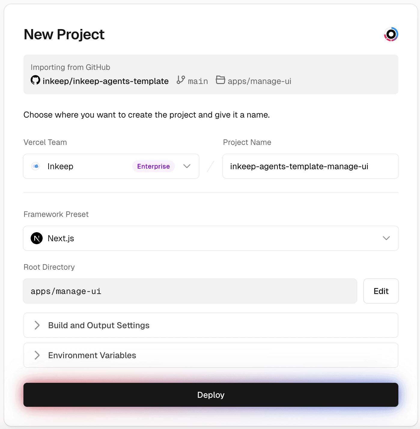 Vercel New Project - Manage UI